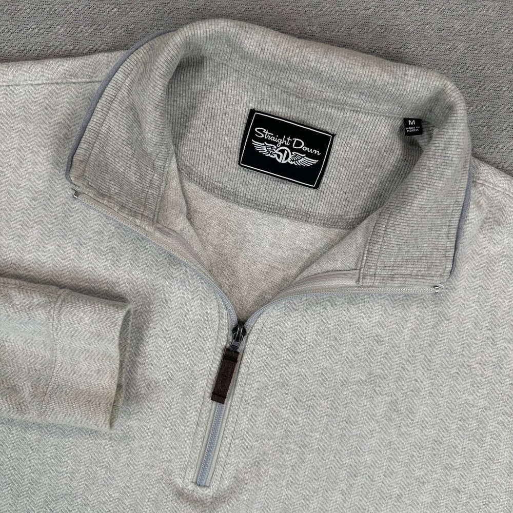 Straight Down 1/4 Zip Pullover Sweater Mens M Gray Herringbone 100% Cotton